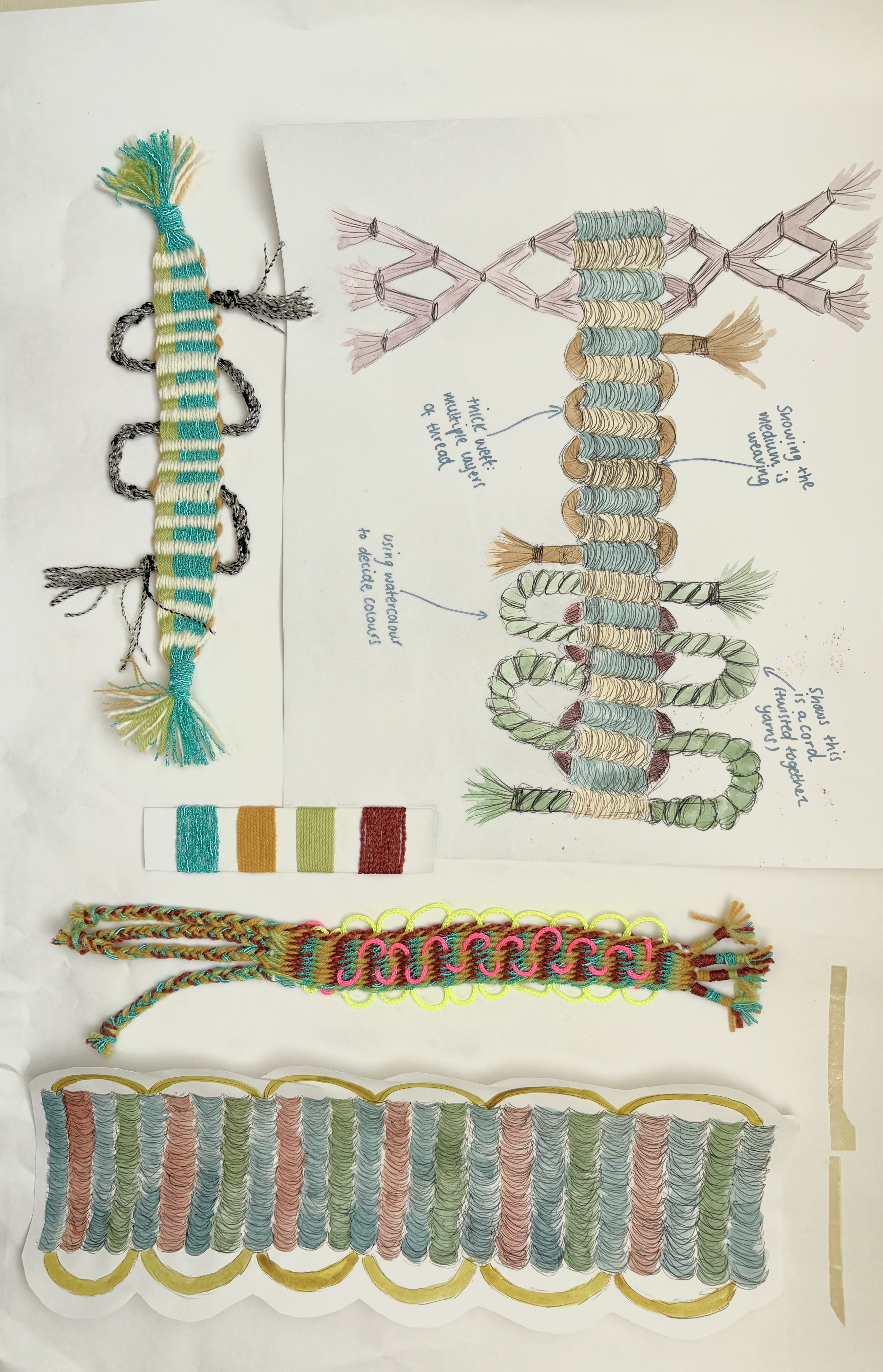 Annotated heritage card weaving design sheet with woven samples, colour swatches and decorative loop details