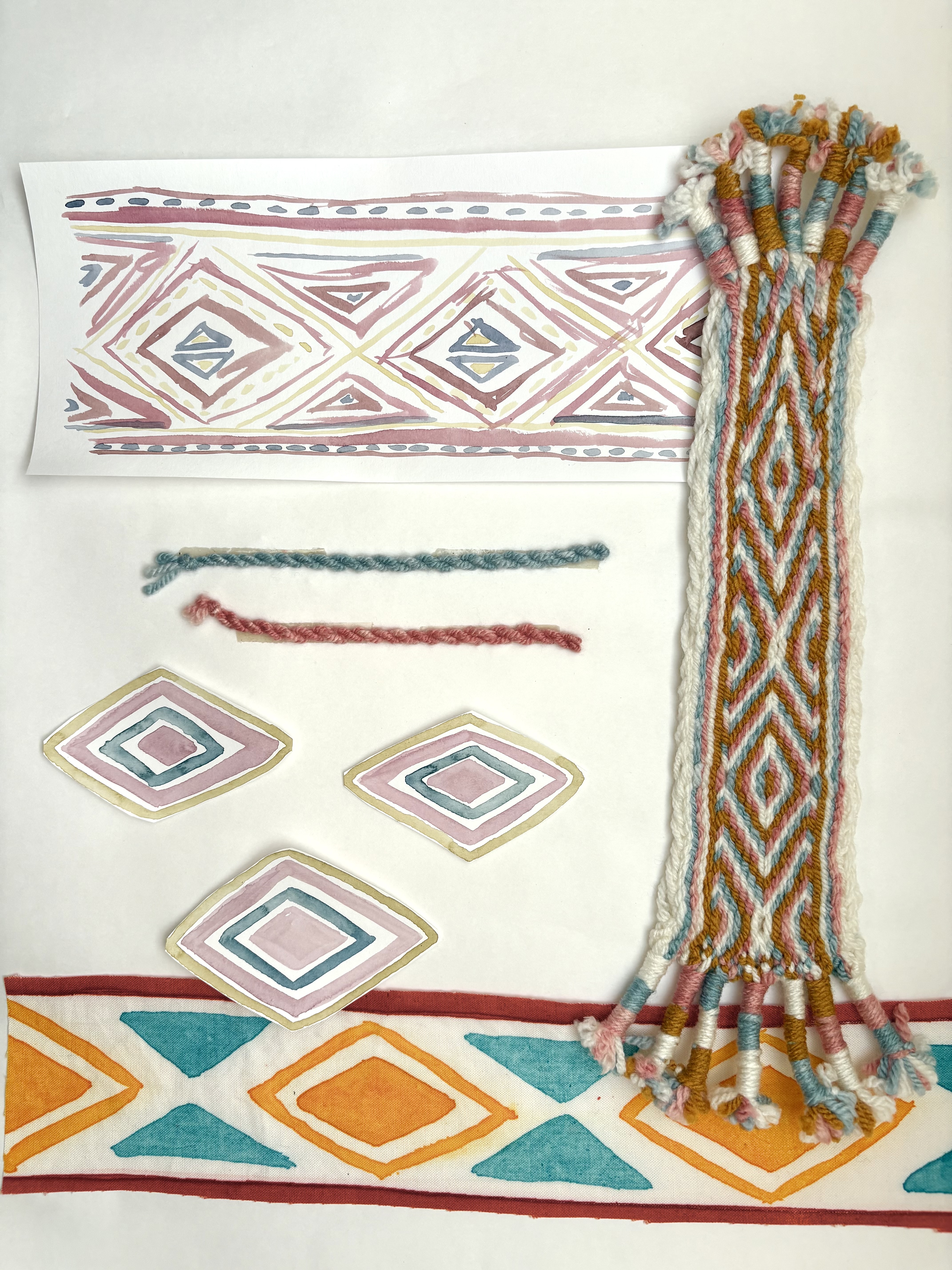 Diamond patterned woven band with matching sketches, yarn samples and fabric design ideas