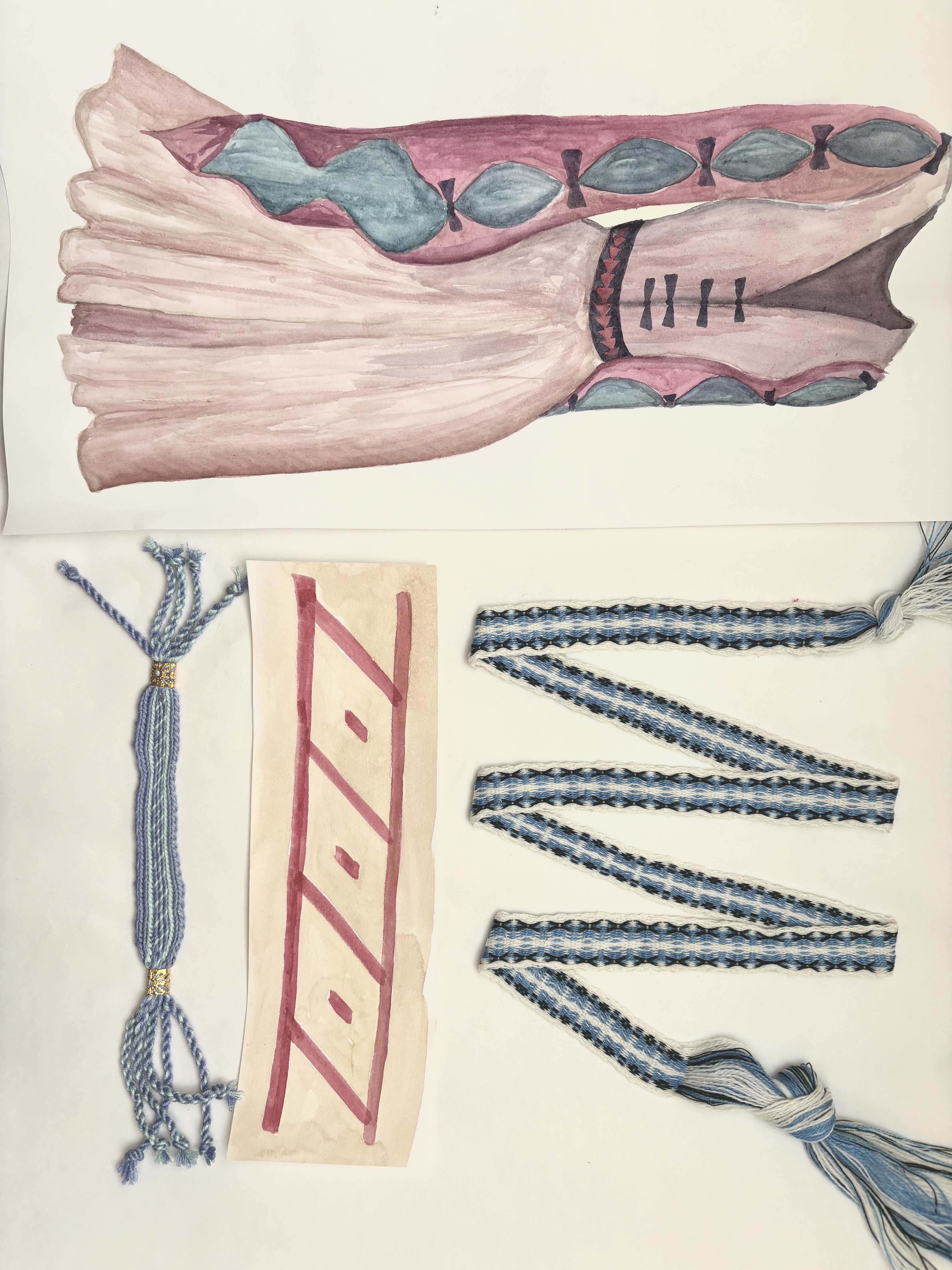 Blue and white woven braid with costume sketch, painted pattern study and decorative tassel sample